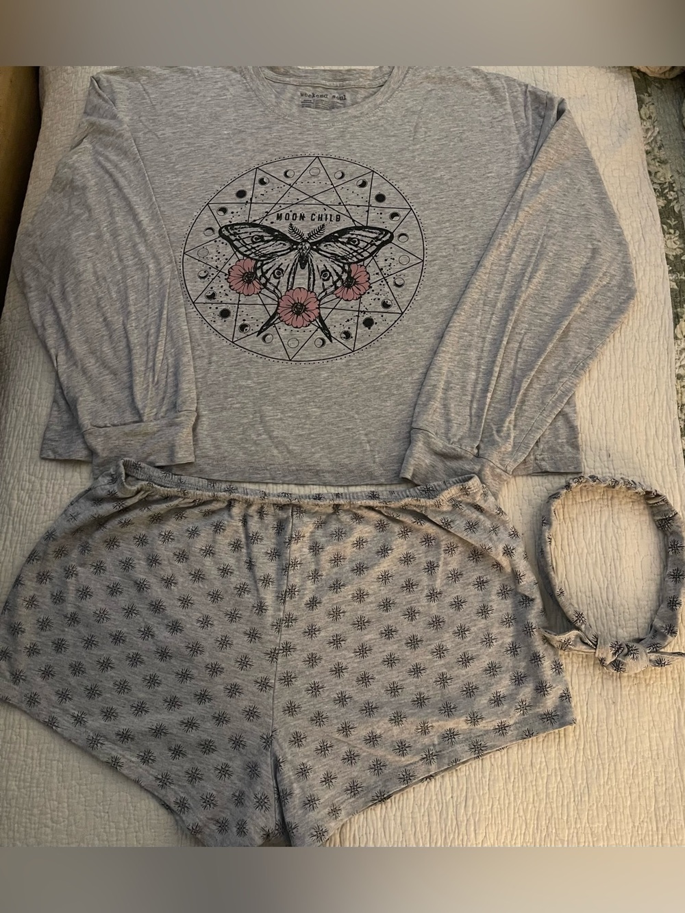 Weekend Soul 3 Piece Grey Pajama Set and headband with Pink Floral Accent